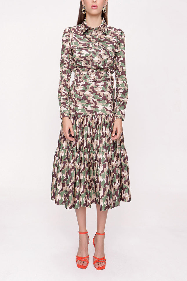 Camouflage Pleated and belt detailed dress 93994