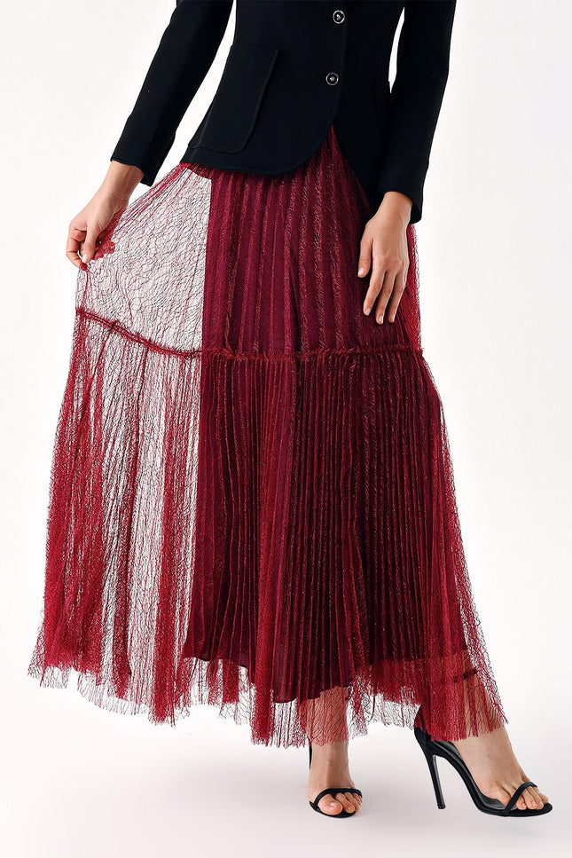 Burgundy Elastic waist pleated long tulle skirt 81235