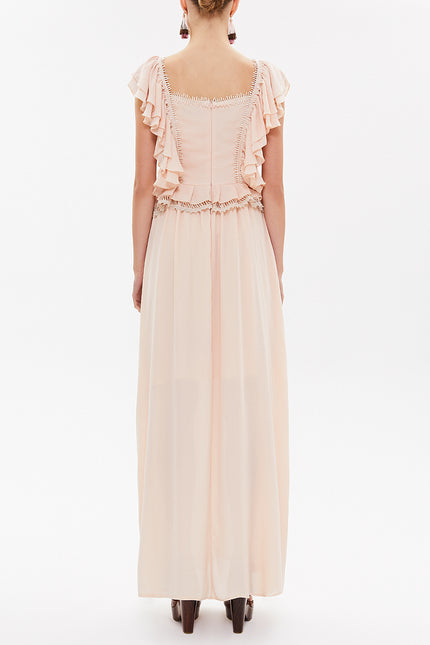 Beige Laced and ruffled maxi dress 92328