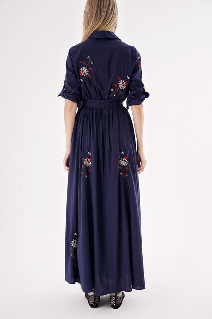 Navy Blue Taffeta embroidered maxi shirt dress 94497