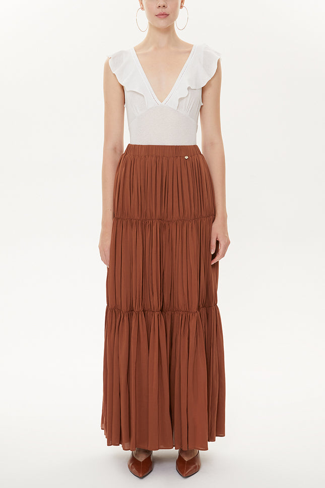 Cinnamon Elastic Pleated Maxi Skirt 81154