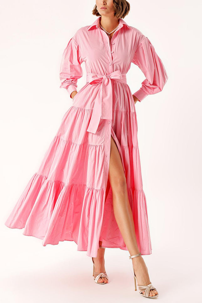 Pink Long pleated dress with belt 94332