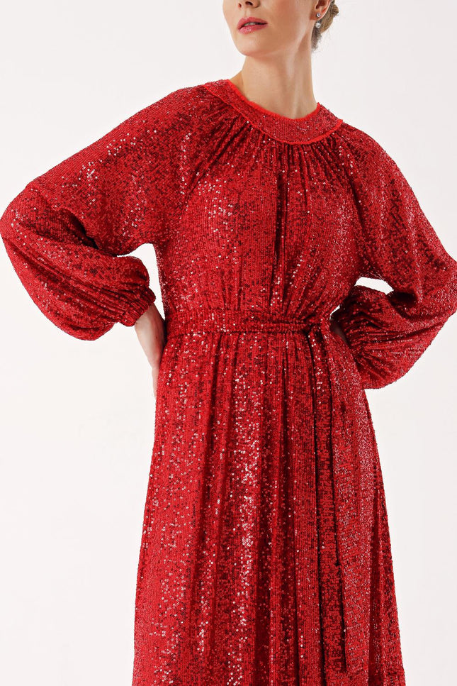 Kırmızı Büzgü detaylı balon kollu payetli elbise 94468