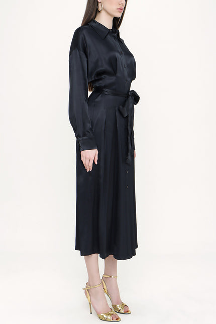 Black Pleated Midi shirt dress 93798