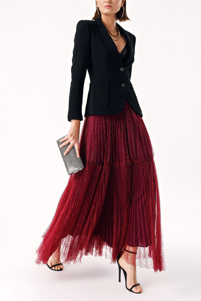 Burgundy Elastic waist pleated long tulle skirt 81235