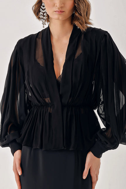 Black Double-breasted, draped loose chiffon shirt 10829