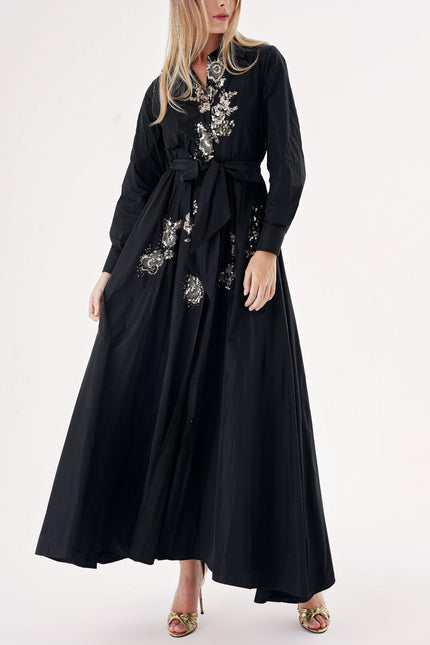 Black Sequin embroidery detail and flounce with long shirt dress 94500