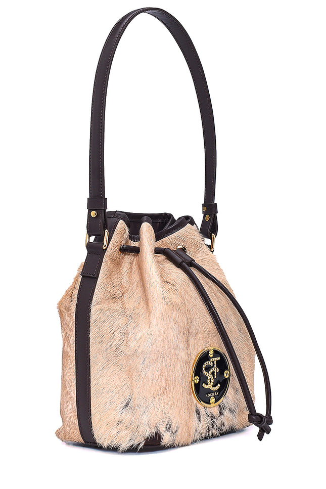 Beige leather and shearling-trimmed bucket bag 23020