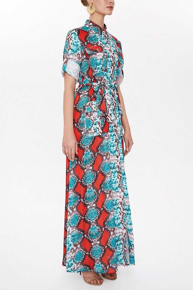 Red Printed belted maxi dress 92586