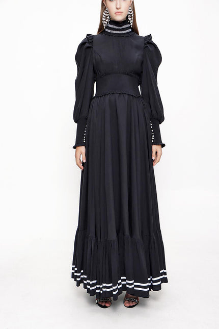 Black Long dress with ruffled stripe detail 93999