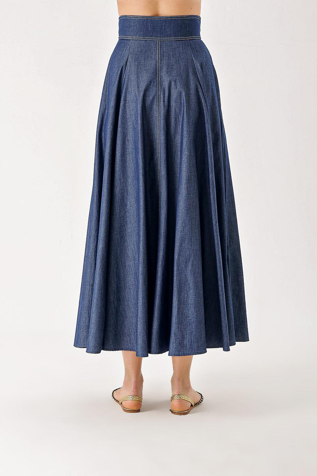Navy Blue Midi denim skirt with chain detail 81283