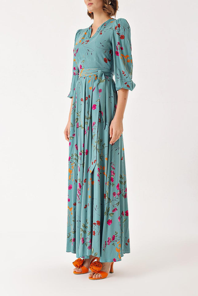 Floral Printed Long dress with godel and belt 94408