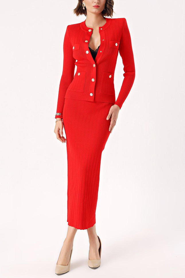 Red Button detailed cardigan and skirt suit 28879