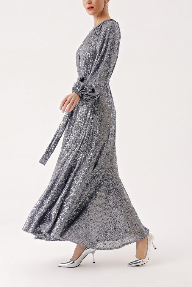 Gümüş Büzgü detaylı balon kollu payetli elbise 94468