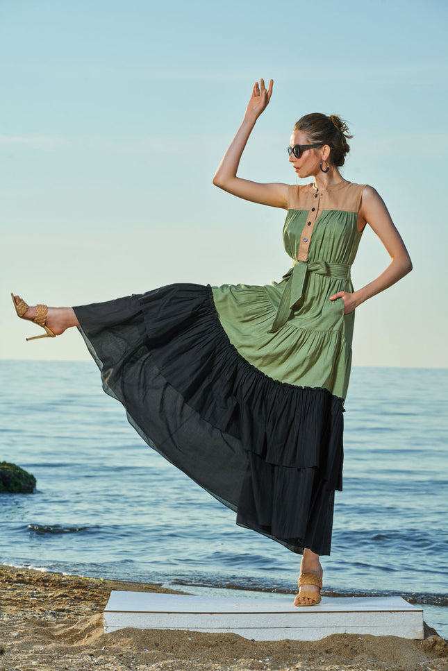 Green Sleeveless Ruffled linen dress 93541