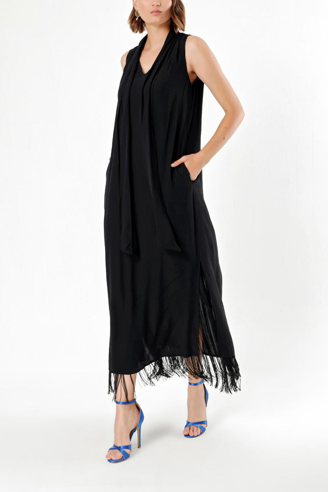 Siyah Püsküllü yırtmaçlı uzun elbise 92698