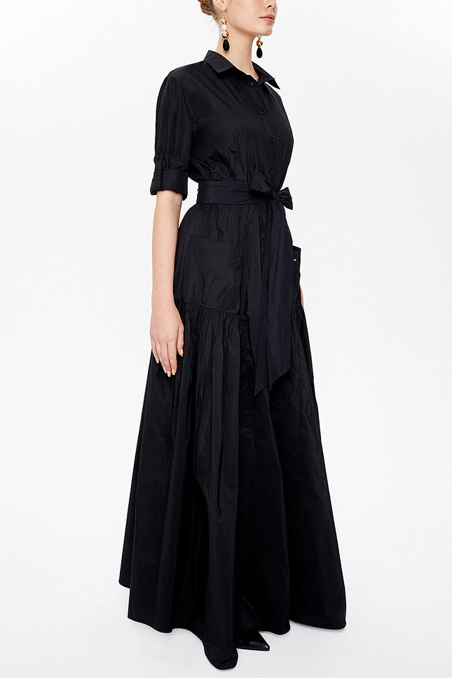 Siyah Büzgülü tafta uzun gömlek elbise 94250
