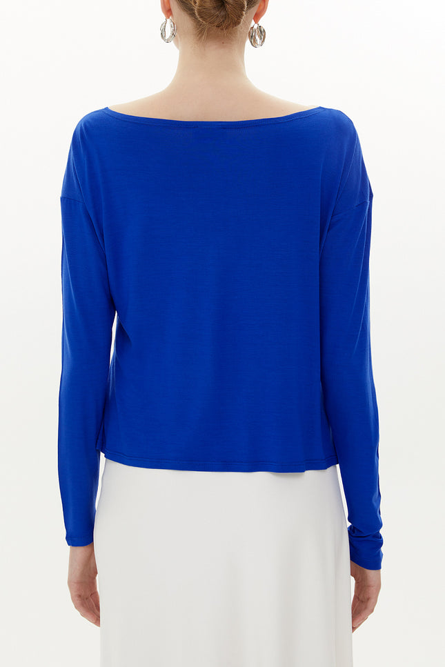 Blue Asymmetric snap fastener detail blouse 19818