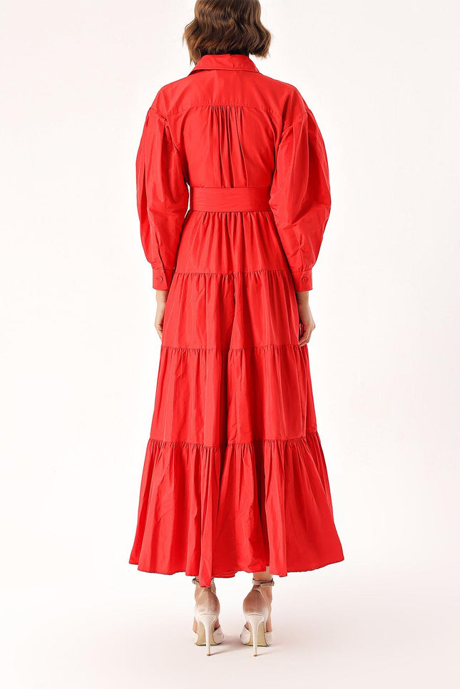 Red Long pleated dress with belt 94332