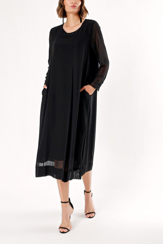 Siyah Bol kesim uzun kollu midi elbise 93313