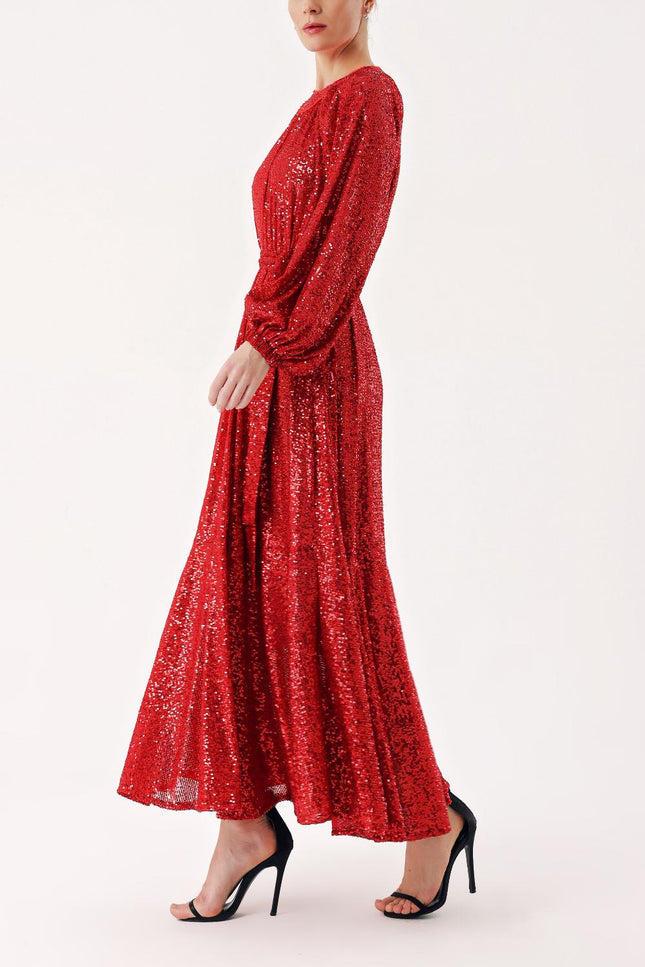 Kırmızı Büzgü detaylı balon kollu payetli elbise 94468