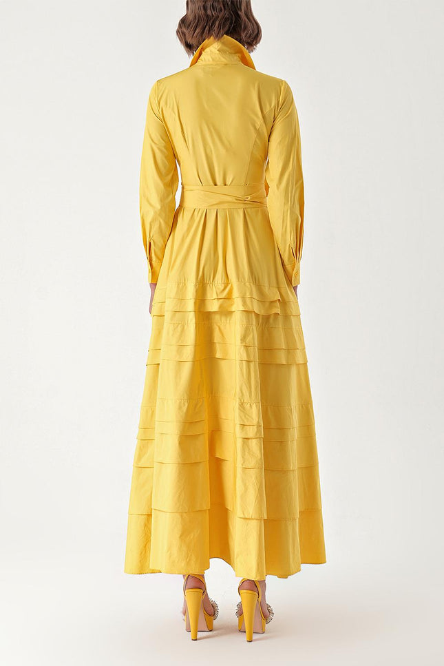 Sarı Eteği parça detaylı uzun tafta elbise 94333