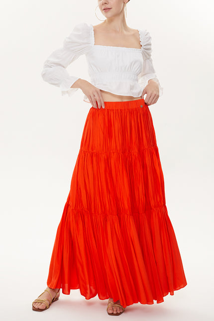Red Elastic Pleated Maxi Skirt 81154