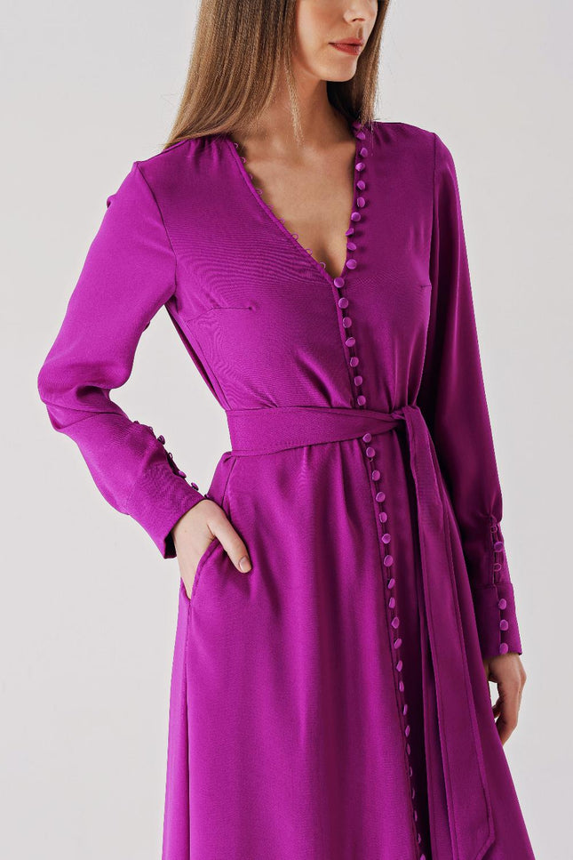 Purple Long belted dress with button detail 94407