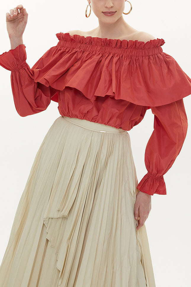 Red Shoulder  elastic  balloon sleeve  crop blouse   19821