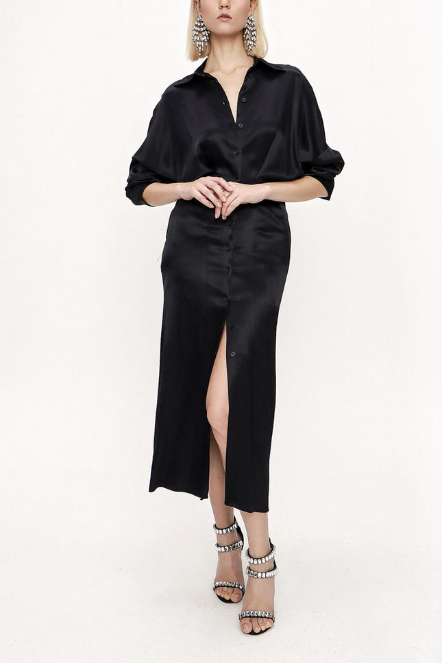 Siyah Yarasa Kollu Gömlek Elbise 94060