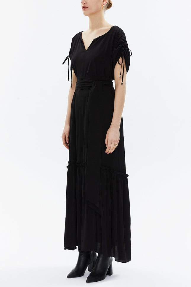 Black Pleated sleeve wide cut maxi dress 93343