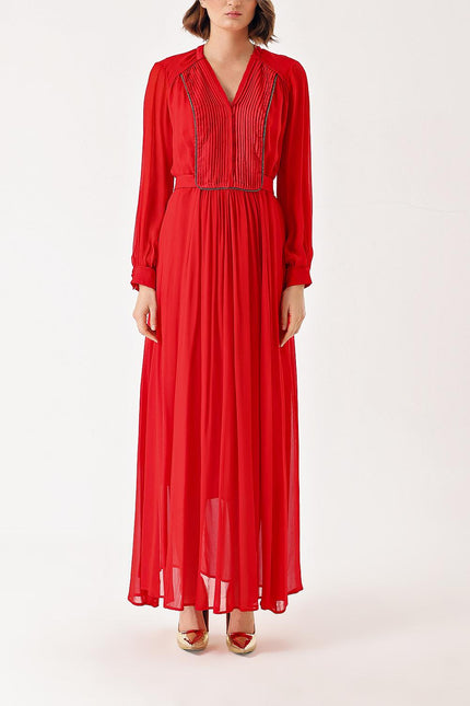 Red Long chiffon dress with pleat detail 94303