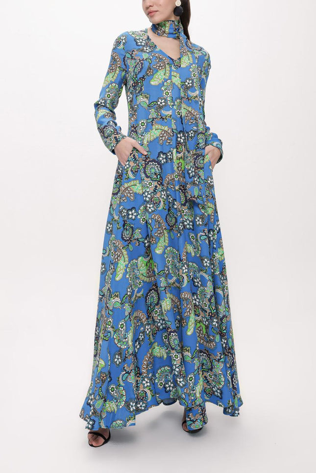 Mavi Godeli V Yaka Uzun Elbise 94171