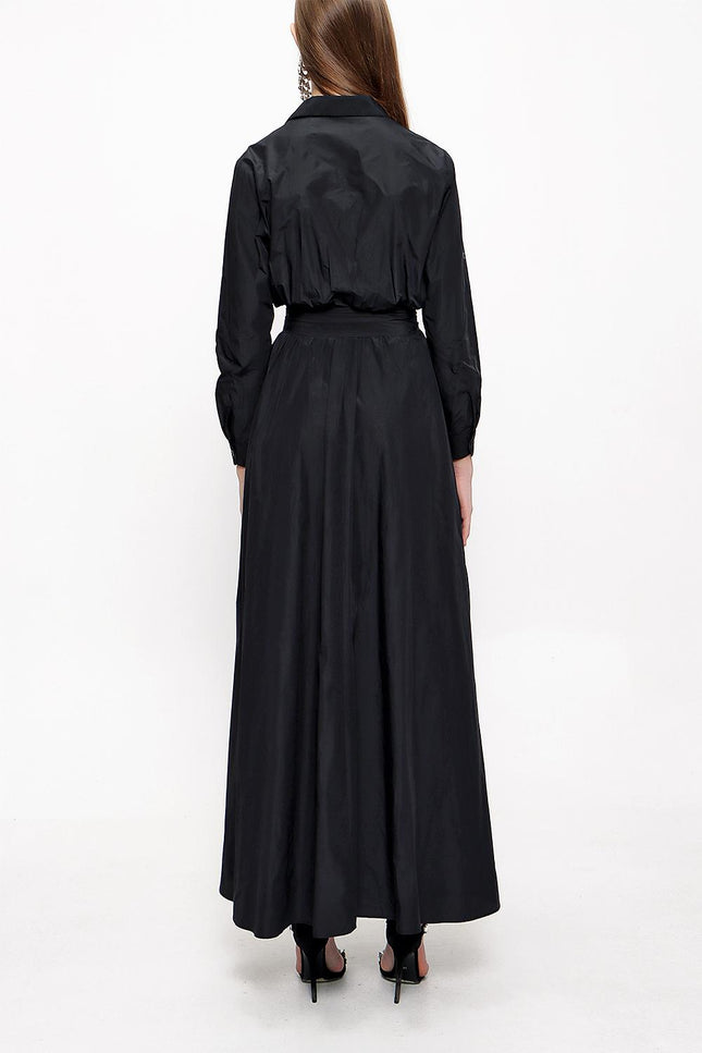 Siyah Büzgülü Uzun Gömlek Elbise 94067