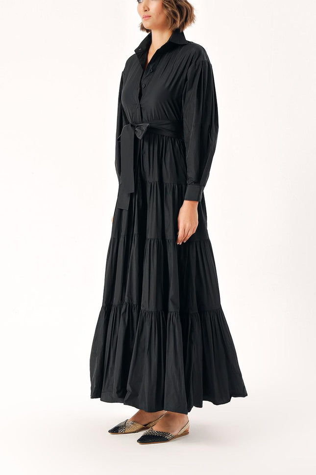 Black Long pleated dress with belt 94332