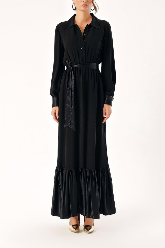 Black Long dress with elasticated gathers at the waist 94289