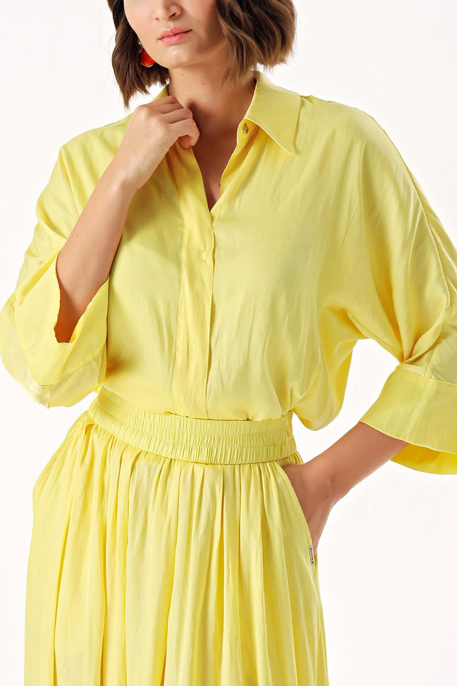 Yellow Elastic waist trousers and shirt set 12329