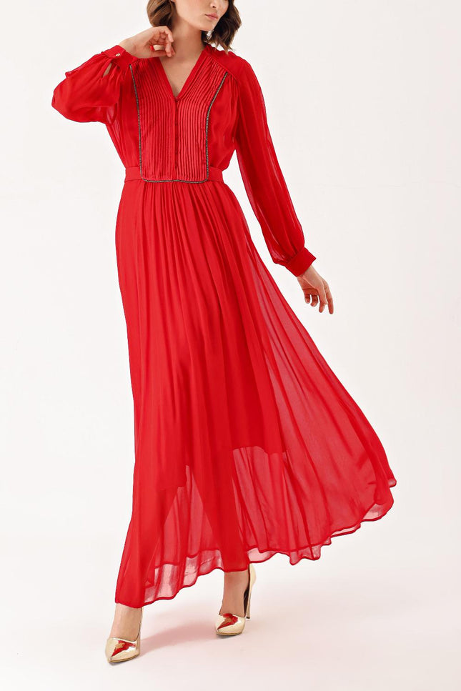 Red Long chiffon dress with pleat detail 94303