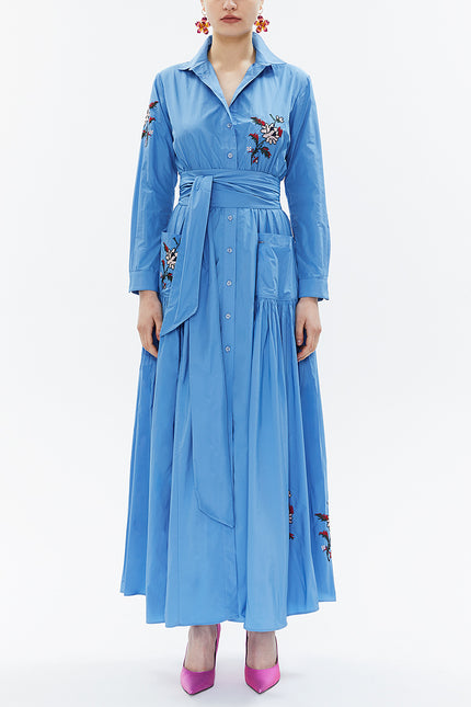 Blue Taffeta embroidered maxi dress 93342