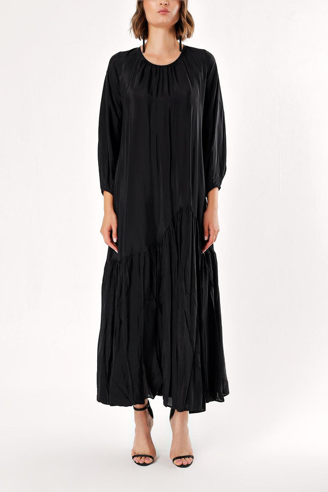 Siyah Büzgülü bol kesim uzun elbise 94288