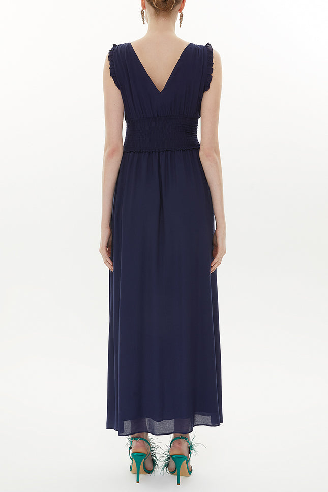 Navy Blue Elastic waist V neck sleeveless maxi dress 93348