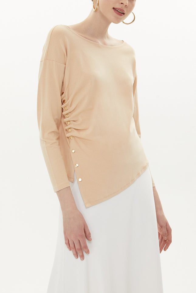 Beige Asymmetric snap fastener detail blouse 19818