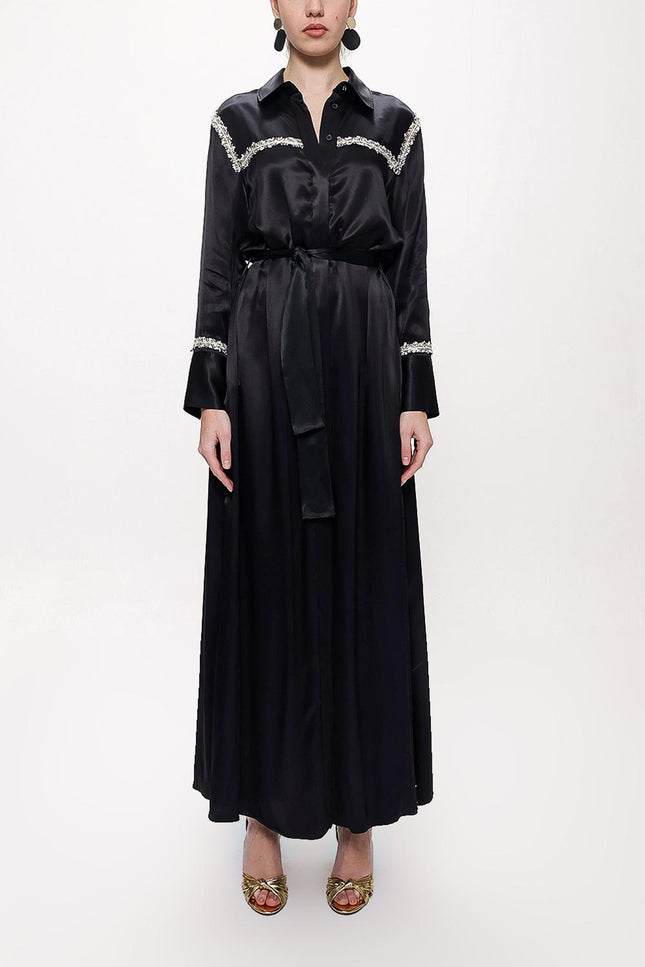 Siyah Şerit Aksesuarlı Kemerli Uzun Gömlek Elbise 94153