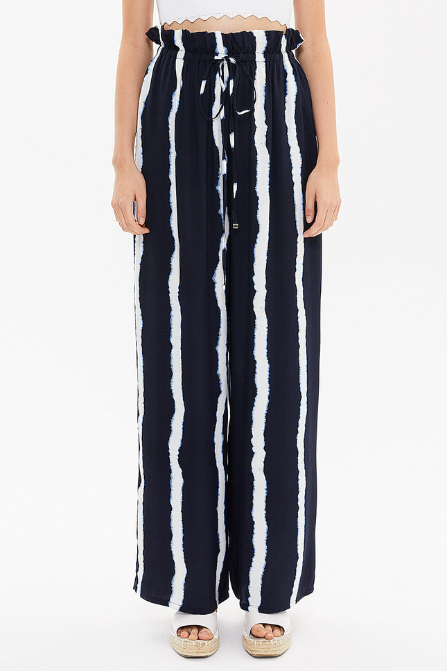 Navy Blue White Striped Wide cut elastic waist pants 41369