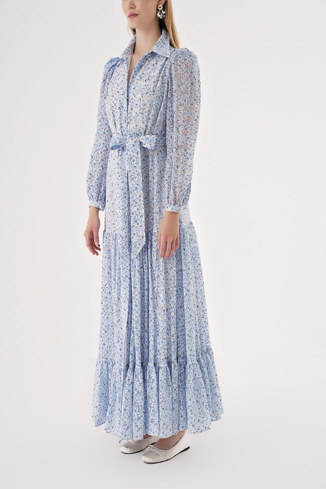 Blue Pleated maxi shirt dress 94567