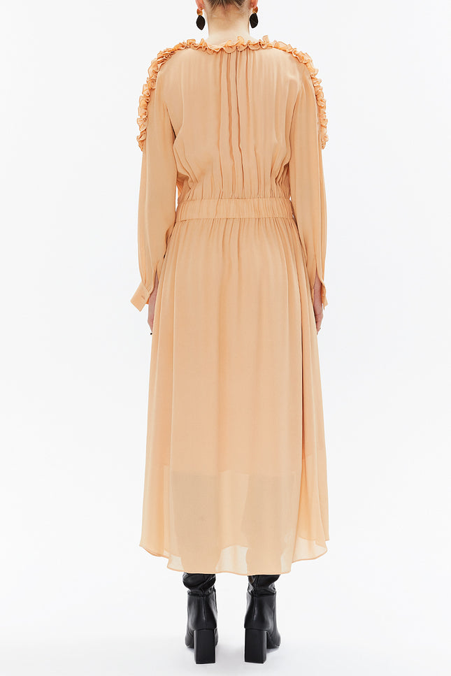 Beige Shoulder revealing ruffled maxi dress 93294