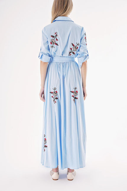 Light Blue Taffeta embroidered maxi shirt dress 94497