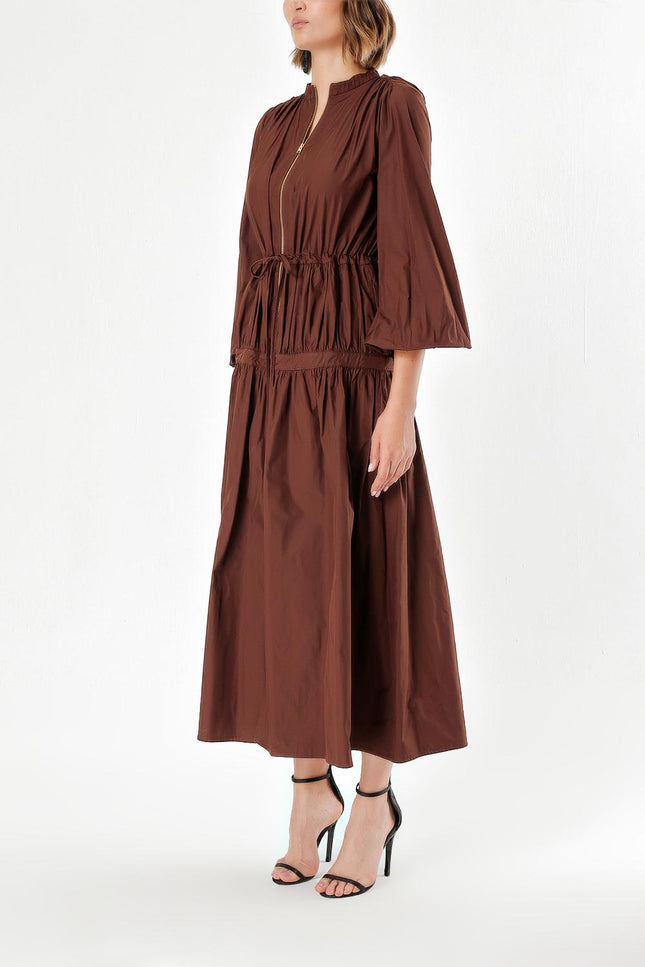 Brown Elastic waist pleated maxi dress 93842