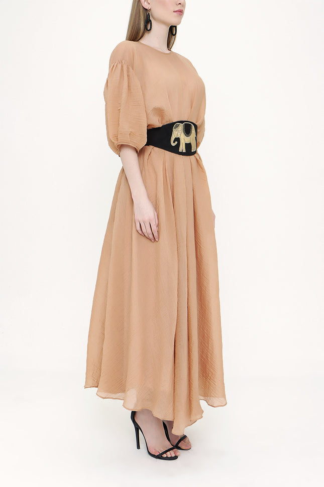 Beige Belt detailed pleated dress 93797