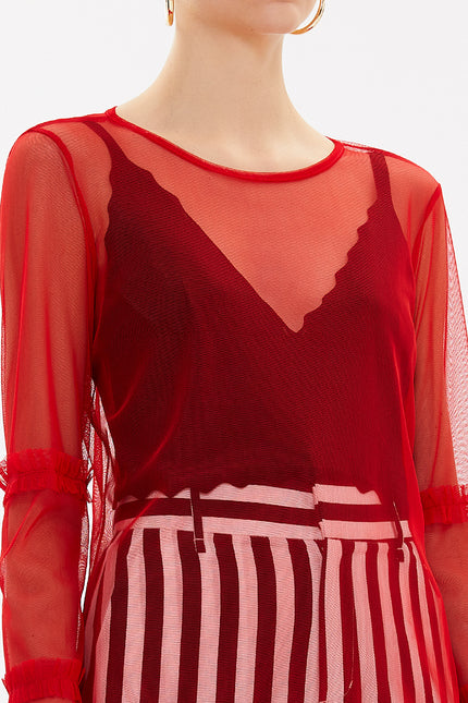 Red Pleated sleeve tulle blouse  19657